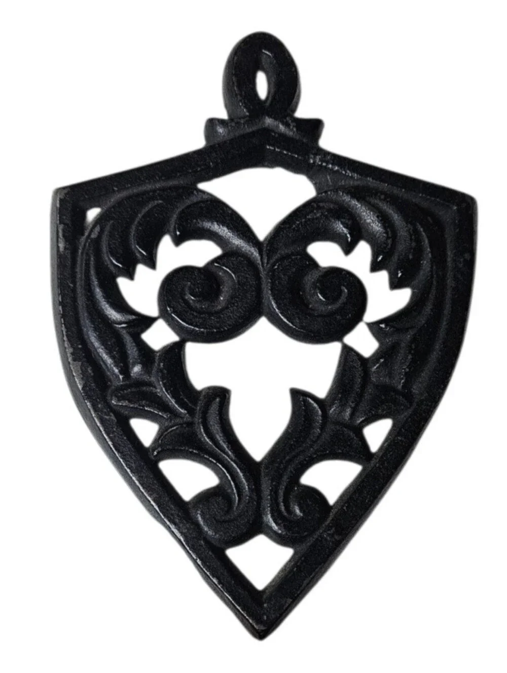 Vintage Black Cast Iron Footed Trivet Sad Iron Scrolled Heart